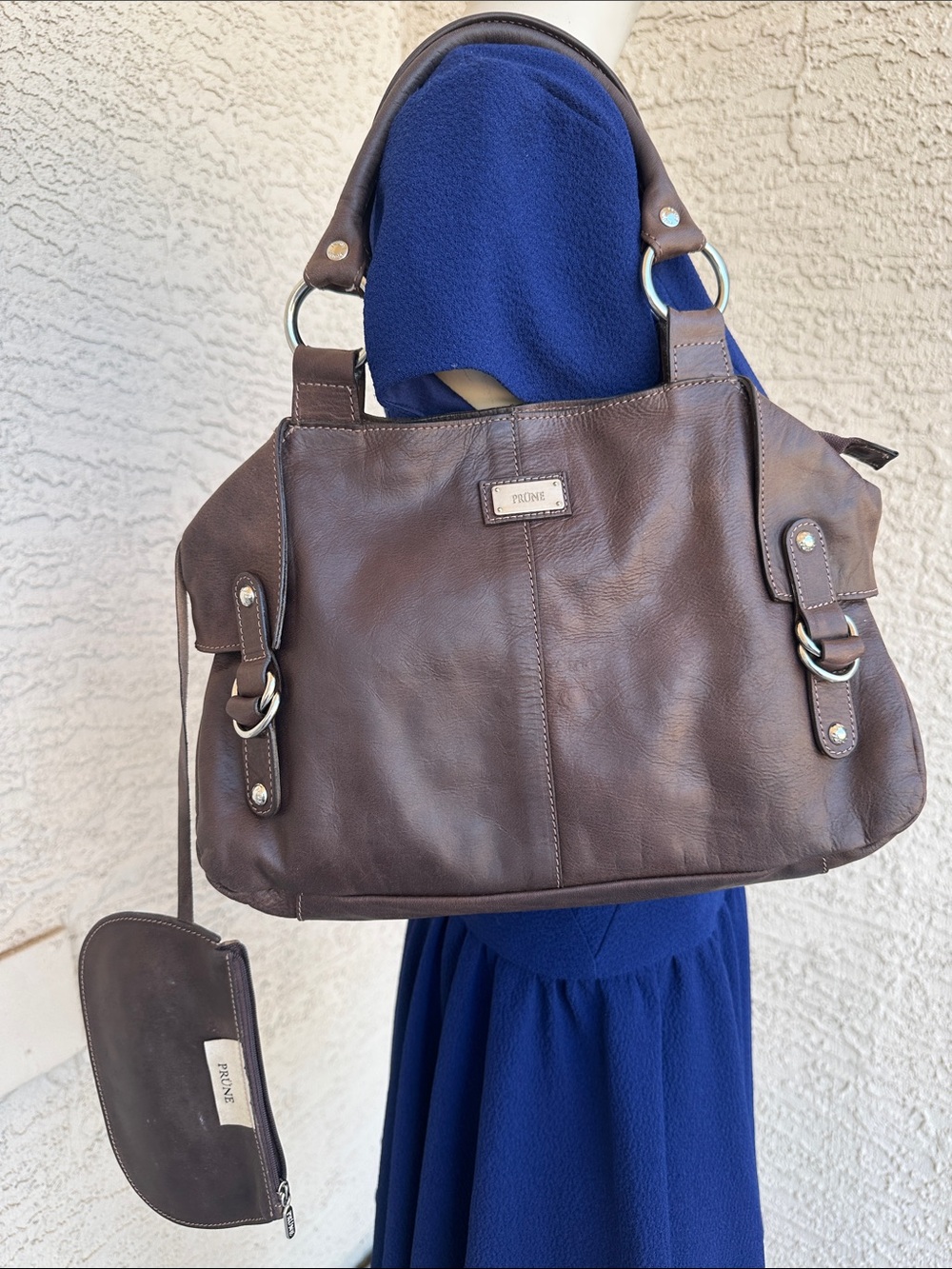 Prune Dark Brown Leather Shoulder Bag with Removable Pouch